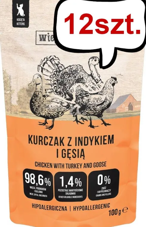 Wiejska Zagroda Kitten Fileciki Kurczak z indykiem i gęsią Mokra Karma dla kociąt op. 100g Pakiet 12szt.
