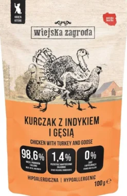 Wiejska Zagroda Kitten Fileciki Kurczak z indykiem i gęsią Mokra Karma dla kociąt op. 100g Pakiet 12szt.