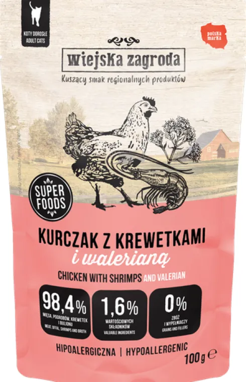 Wiejska Zagroda Kurczak z krewetkami i walerianą Mokra Karma dla kota op. 100g