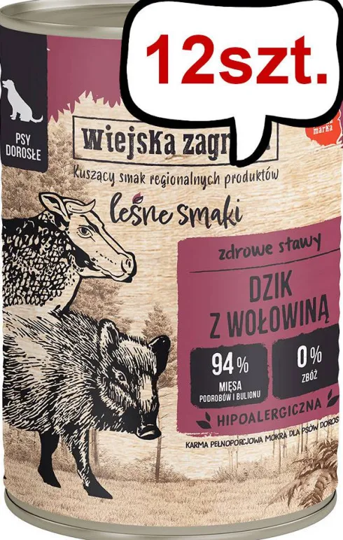 Wiejska Zagroda Leśne Smaki Adult Dzik z wołowiną Mokra Karma dla psa op. 400g Pakiet 12szt.