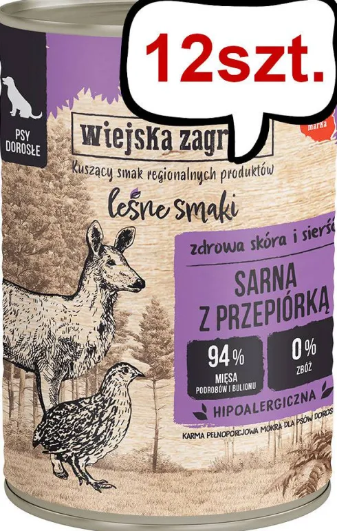 Wiejska Zagroda Leśne Smaki Adult Sarna z przepiórką Mokra Karma dla psa op. 400g Pakiet 12szt.