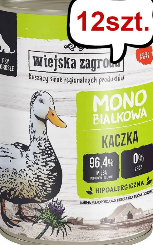 Wiejska Zagroda Monobiałkowa Kaczka Mokra Karma dla psa op. 400g Pakiet 12szt.