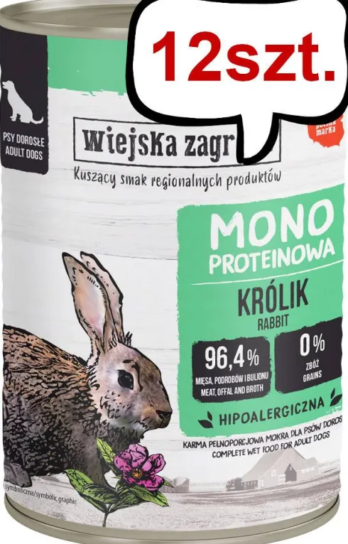 Wiejska Zagroda Monobiałkowa Królik Mokra Karma dla psa op. 400g Pakiet 12szt.
