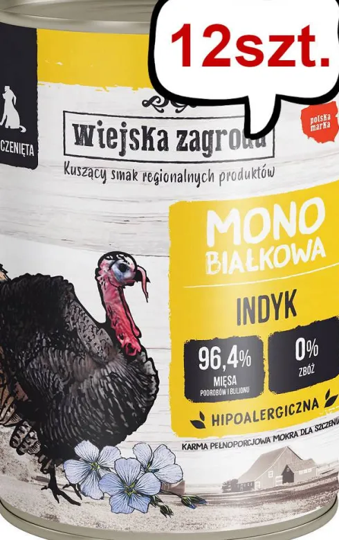 Wiejska Zagroda Monobiałkowa Indyk Mokra Karma dla szczeniaka op. 400g Pakiet 12szt.