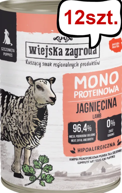 Wiejska Zagroda Monoproteinowa Jagnięcina Mokra Karma dla szczeniaka op. 400g Pakiet 12szt.