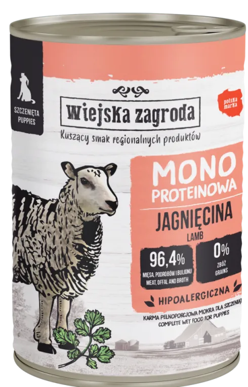 Wiejska Zagroda Monoproteinowa Jagnięcina Mokra Karma dla szczeniaka op. 400g Pakiet 12szt.
