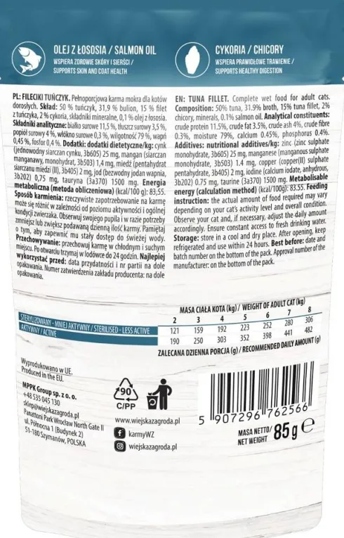 Wiejska Zagroda Monoproteinowe Fileciki Tuńczyk Mokra Karma dla kota op. 85g