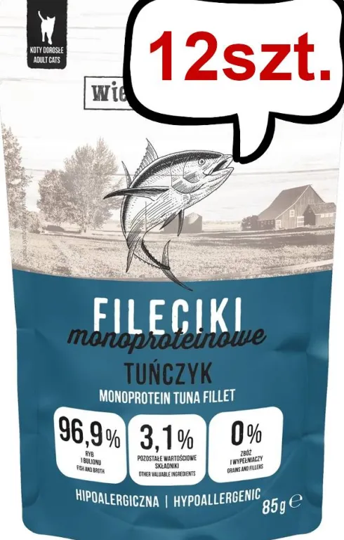 Wiejska Zagroda Monoproteinowe Fileciki Tuńczyk Mokra Karma dla kota op. 85g Pakiet 12szt.
