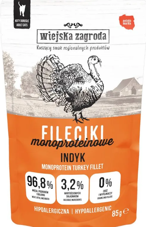 Wiejska Zagroda Monoproteinowe Fileciki Indyk Mokra Karma dla kota op. 85g Pakiet 12szt.