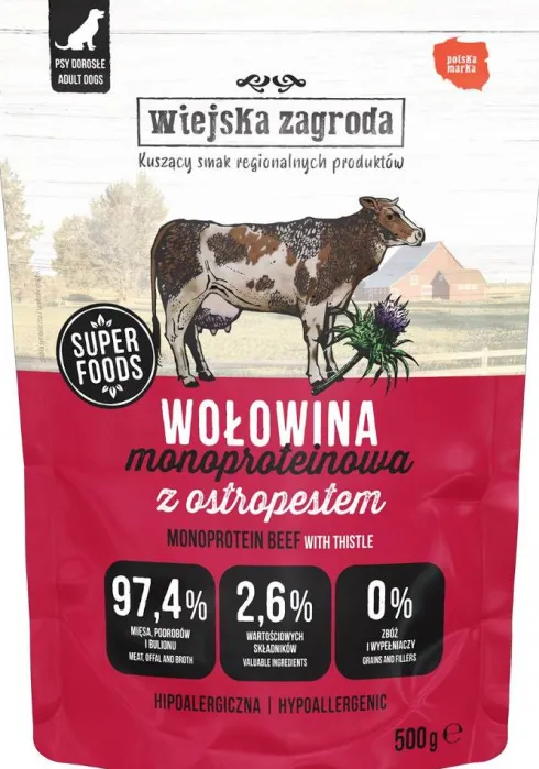 Wiejska Zagroda Mono Wołowiną z ostropestem Mokra Karma dla psa op. 500g