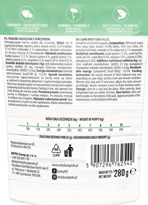 Wiejska Zagroda Puppy Fileciki Jagnięcina z tuńczykiem Mokra Karma dla szczeniąt op. 280g