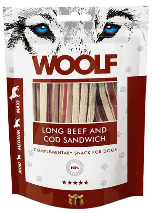 Woolf Przysmak Long Beef and Cod Sandwich dla psa op. 100g