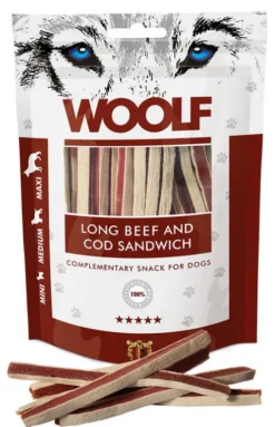 Woolf Przysmak Long Beef and Cod Sandwich dla psa op. 100g