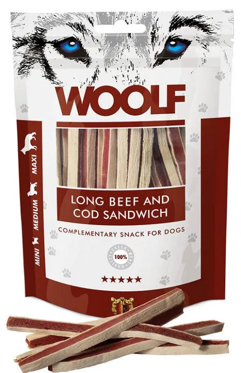 Woolf Przysmak Long Beef and Cod Sandwich dla psa op. 100g