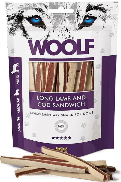 Woolf Przysmak Long Lamb and Cod Sandwich dla psa op. 100g